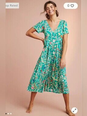 Anthropologie Floreat Yardley Green Floral Wide Leg Jumpsuit Culottes